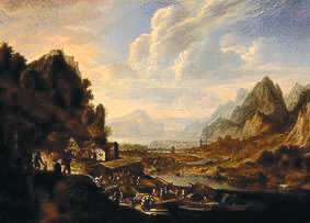 Mountainous riverside with berthing ships, smallholders and dealers od Herman Saftleven