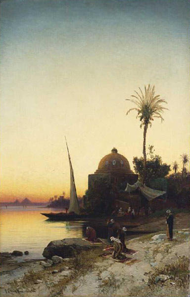 Moslems at the evening prayer on the shore of the Nil od Hermann David Salomon Corrodi