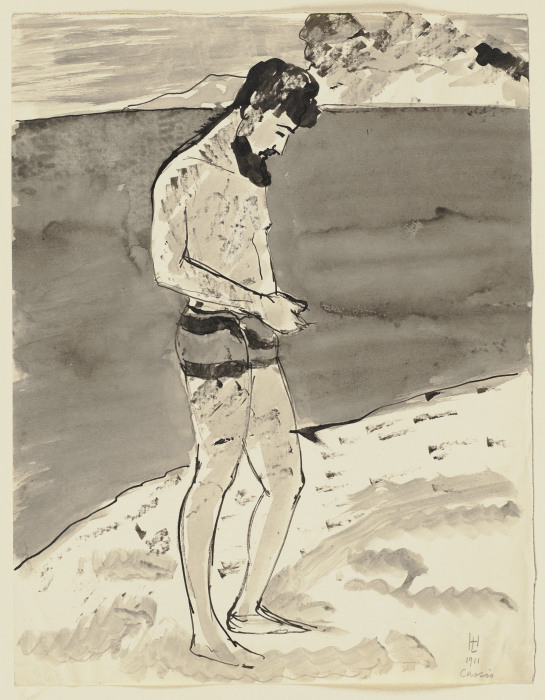 Bärtiger Mann in Badehose an der Côte d’Azur od Hermann Lismann