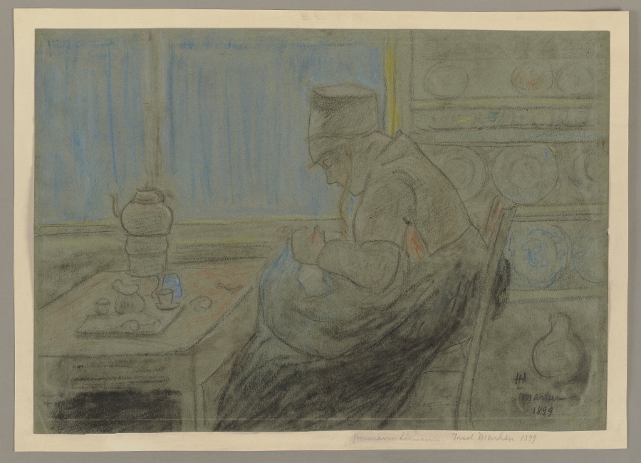 Frau im Profil nach links bei der Handarbeit, in der Küche sitzend od Hermann Lismann