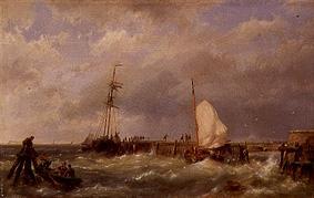 Fishing boats in the storm at a mole od Hermanus Koekkoek