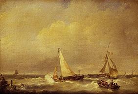 Sea landscape with sailing ships and a rowing boat.