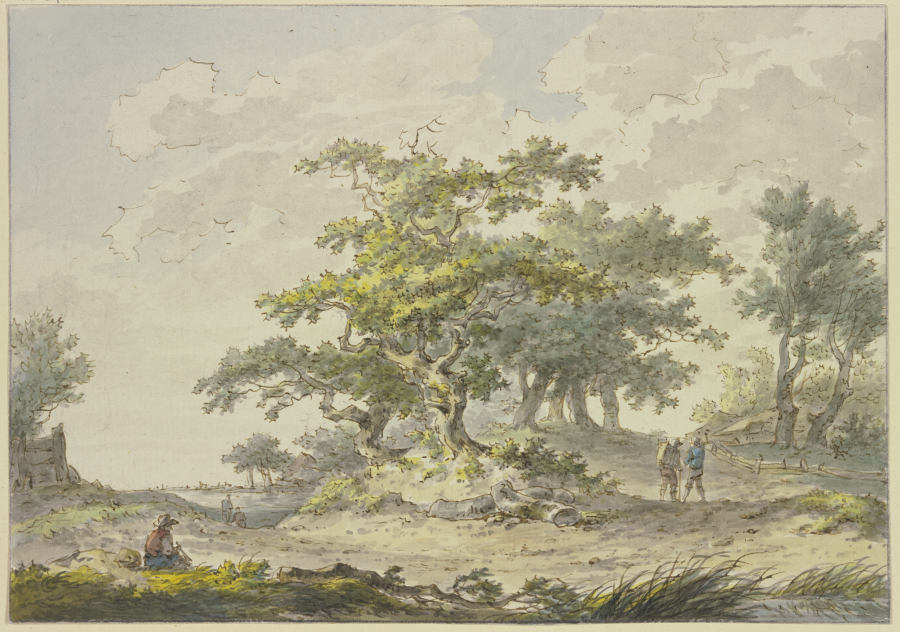 Gruppen von Eichbäumen, rechts zwei Wanderer, links eine sitzende Figur od Hermanus van Brussel