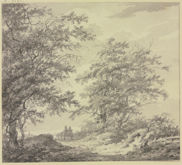 Weg zwischen zwei Baumgruppen mit einem Wagen, rechts am Zaun ein sitzender Mann od Hermanus van Brussel
