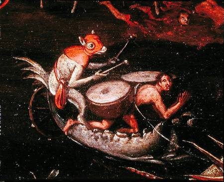 The Inferno, detail of fantastical animals playing the drums on a boat od Herri met de Bles