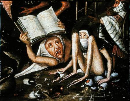 The Inferno, detail of a huddled and gagged creature next to a human monster holding up an open book od Herri met de Bles