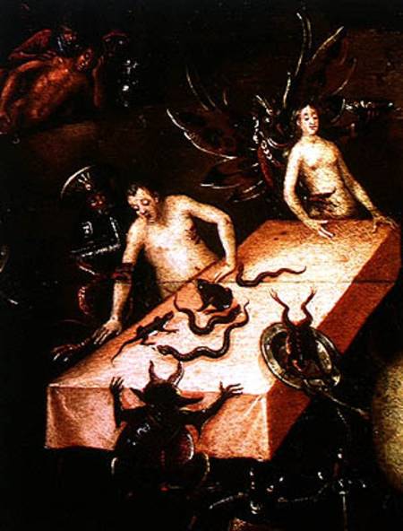 The Inferno, detail of two people around a table with demons od Herri met de Bles