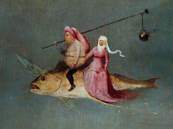 The Temptation of St. Anthony, right hand panel, detail of a couple riding a fish od Hieronymus Bosch