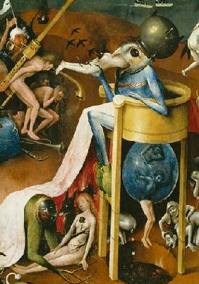 The Garden of Earthly Delights: Hell, right wing of triptych, detail of blue bird-man on a stool
