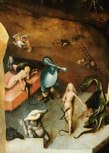 Last Judgement triptych detail from the middle panel (WeiblAkt with hang-gliders) od Hieronymus Bosch