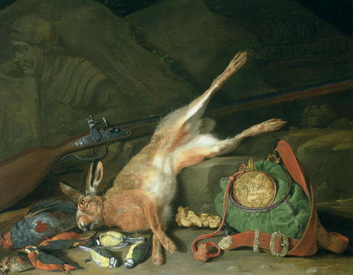 Still Life of a Hare with Hunting Equipment (oil on canvas) (for pair see 93439) od Hieronymus the Elder Galle