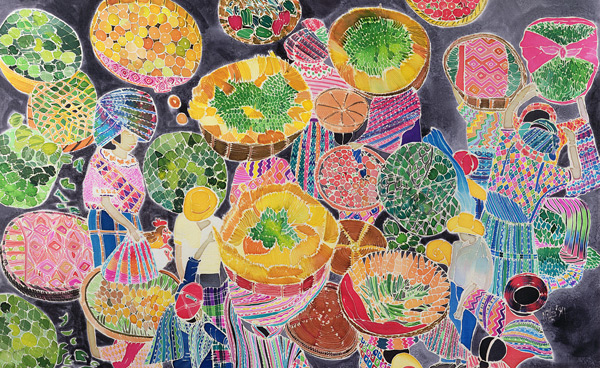 Baskets at Market (coloured inks on silk)  od Hilary  Simon
