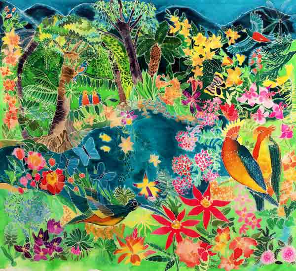 Caribbean Jungle, 1993 (coloured ink on silk)  od Hilary  Simon