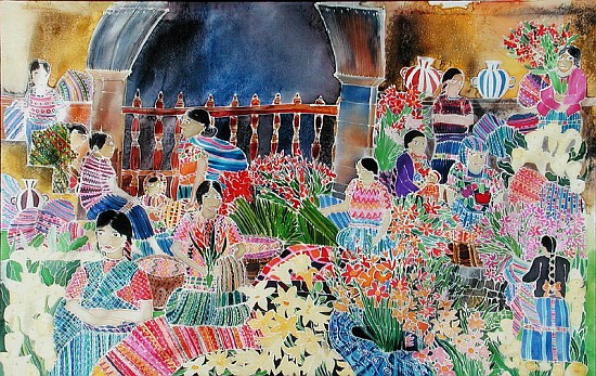 Chichicastango, Market Day (coloured inks on silk)  od Hilary  Simon