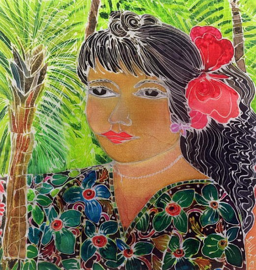 Lady with Hibiscus (coloured inks on silk)  od Hilary  Simon