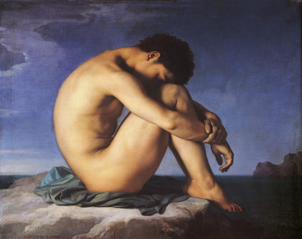Jeune homme nu assis au bord de la mer od Hippolyte Flandrin