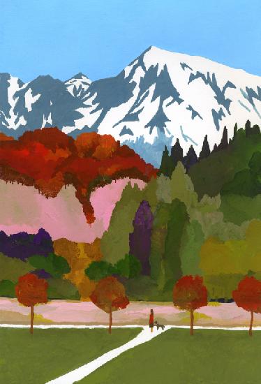 Autumn leaves and snow mountains