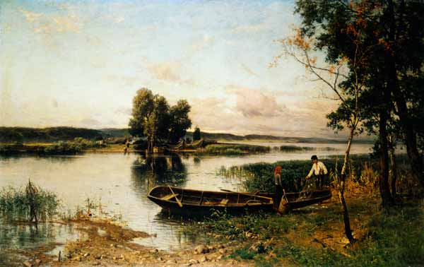 Fishermen unloading their catch in a river landscape od Hjalmar Munsterhjelm
