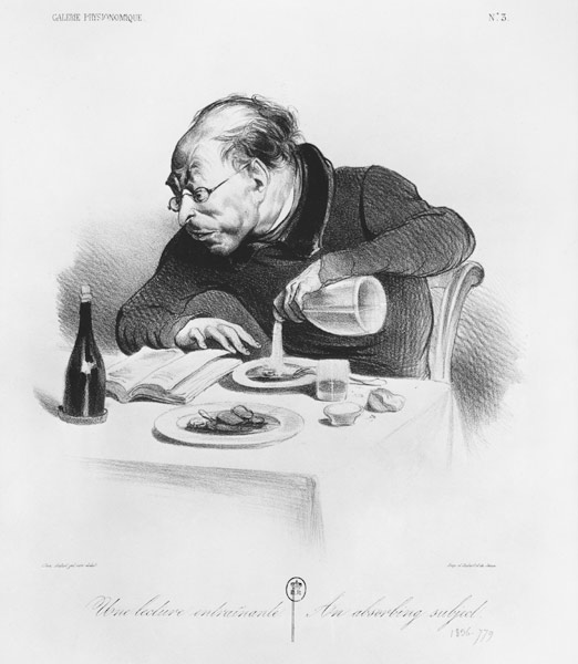 Series ''Galerie physionomique'', Une lecture entrainante, An absorbing subject, plate 3, illustrati od Honoré Daumier
