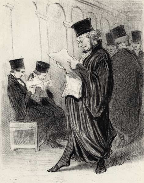 Lawyer Chabotard while reading in a legal journal a eulogy on himself...  (From the series "Les gens od Honoré Daumier