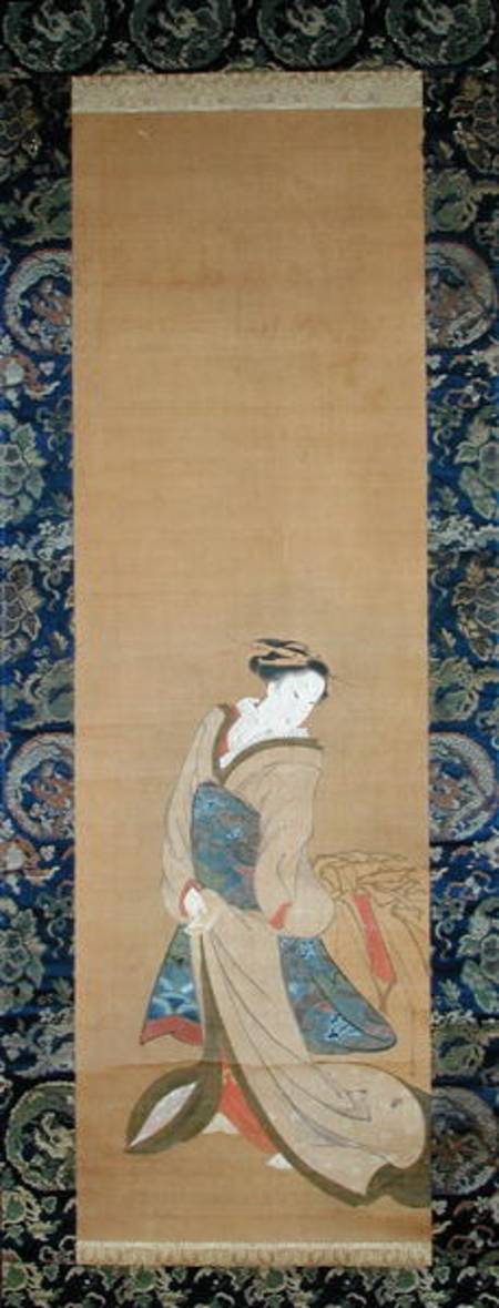 An Elegant Woman in a Blue Obi (pen & ink on silk) od Hotei Gosei
