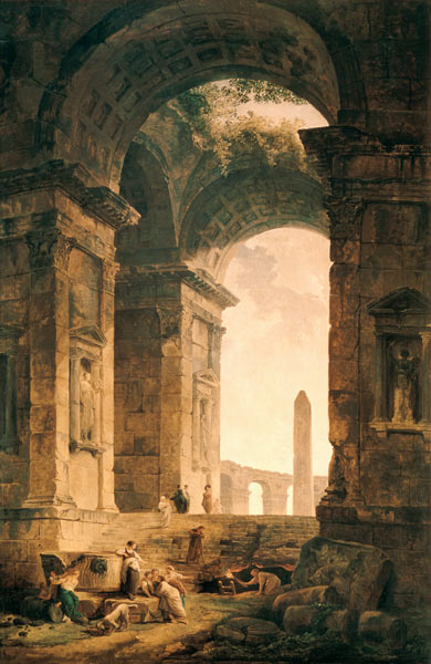 Blick aus Ruinen auf einen Obelisk od Hubert Robert