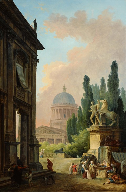View of Rome with the Horse Tamer of the Monte Cavallo od Hubert Robert