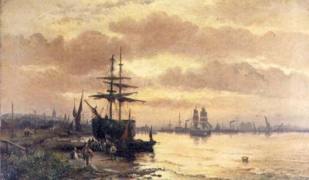 Fisherfolk on the Shore of an Estuary at Sunset od Hubert Thornley