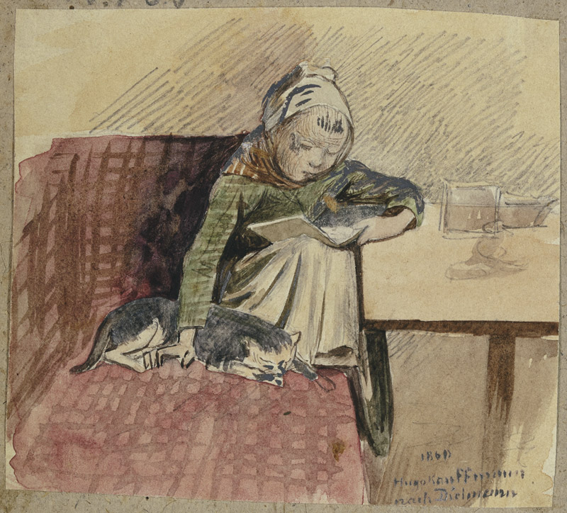 Lesendes Kind mit Katze auf der Bank od Hugo Kauffmann