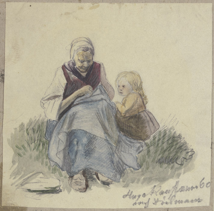 Großmutter, nähend, und Kind od Hugo Kauffmann