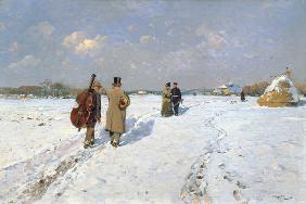Musicians in winter returning home