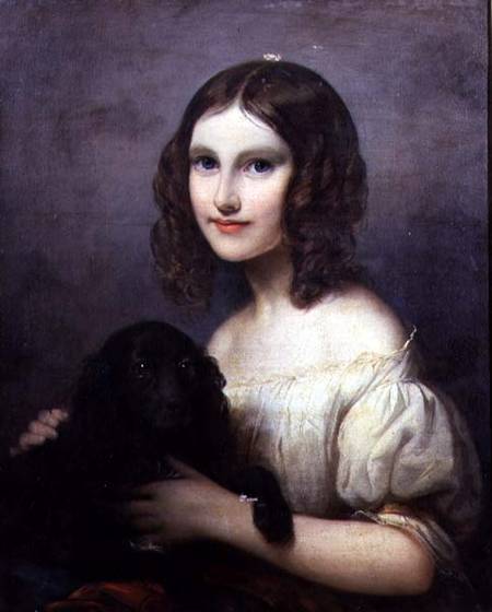 Portrait of a young girl with her pet dog od Hugues Merle