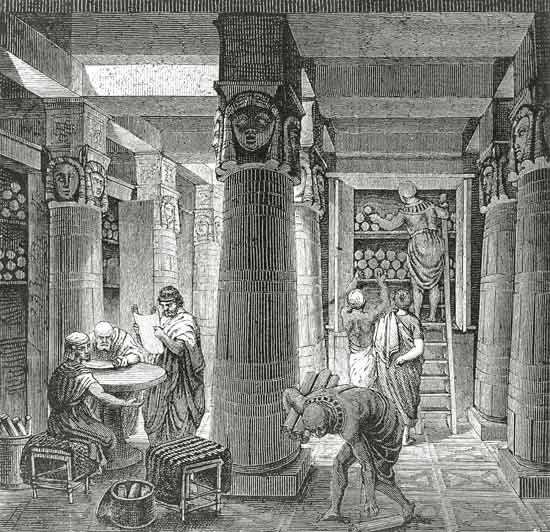 Imaginary recreation of the Ptolemy Library in Alexandria, Egypt, from 'Histoire Generale des Peuple od Hungarian School