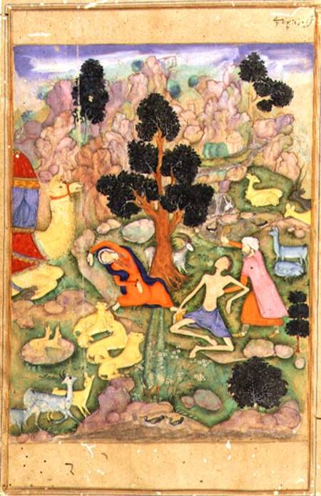 f.28a Layla and Majnun faint at their meeting, illustration to a poem of the Khamsa called 'Majnun L od Husain  Naquash