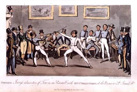 Fencing: Jerry's admiration of Tom in an `Assault' with Mr O'Shaunessy, at the rooms in St. James's od I. Robert & George Cruikshank