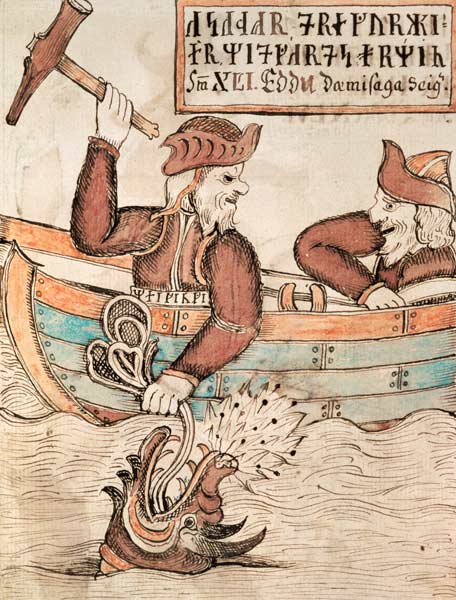 Thor fishing for the serpent of Midgard, from the boat of the giant Hymir od Icelandic School