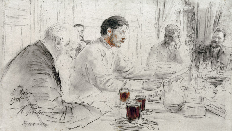 The author Maxim Gorky reads his poem "Children of the sun" od Ilja Efimowitsch Repin