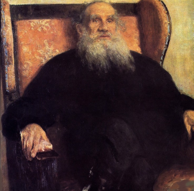 Portrait of the author Leo N. Tolstoy (1828-1910) in the Pink Armchair od Ilja Efimowitsch Repin