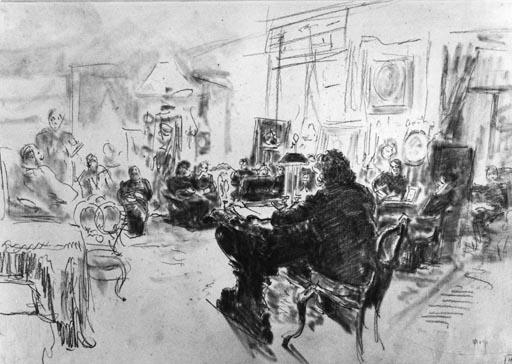 Wladimir Solowjow beim Vorlesen im Salon der Baronesse Barbara Uexkull von Hildenbandt od Ilja Efimowitsch Repin