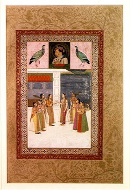 Ms E-14 Portrait of Djahangir (1569-1627) two birds and noble women in conversation od Indian School
