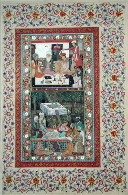 Ms E-14 Reading Verse and a Banquet in a Garden from a Moraqqa od Indian School