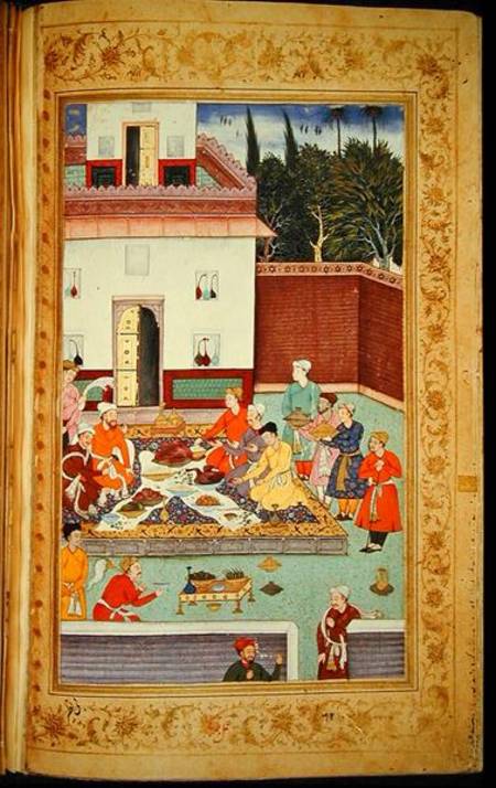 OR 3714 f.260v Mughal Emperor Feasting in a Courtyard, from the Baburnama of Dhanraj od Indian School