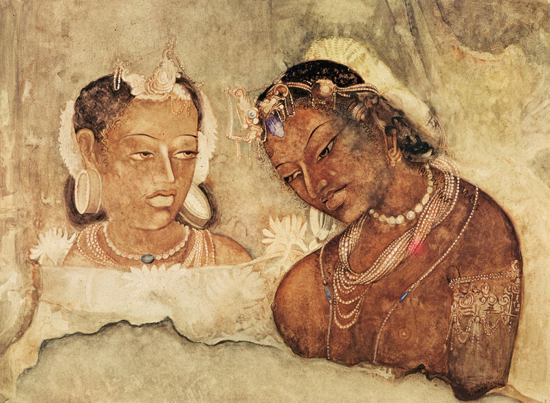 A Princess and her Servant, copy of a fresco from the Ajanta Caves, India od Indian School