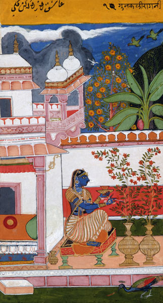 A lady picking flowers from a pot, Bundi, Rajasthan, Rajput School, c.1680, od Indian School