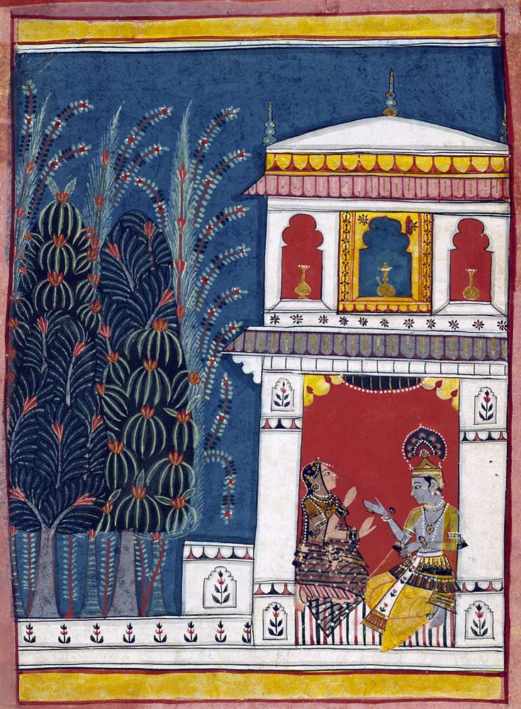 Krishna and a lady in a pavilion od Indian School