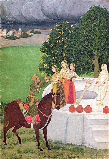 A Prince begging water from women at a well, Mughal, c.1720 od Indian School
