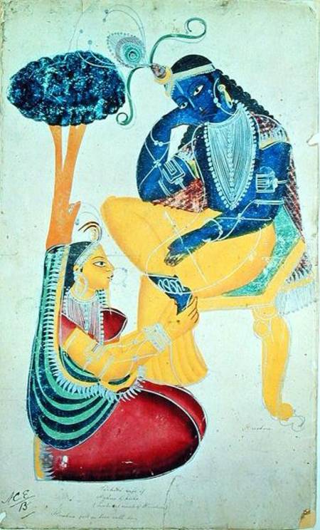 The God Krishna with his mortal love, Radha  on od Indian School