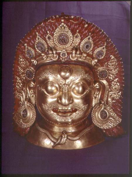 Head of Bhairava, embossed copper, painted and gilded, probably Nepalese od Indian School