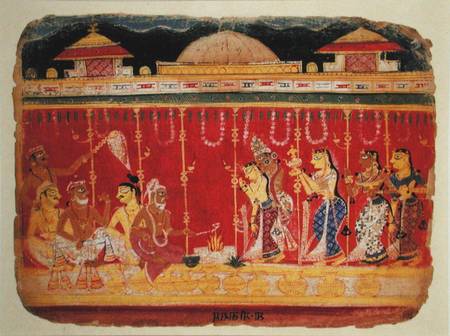 The Marriage of Krishna's Parents, from a dispersed manuscript of the 'Bhagavata Purana' from Mewar, od Indian School