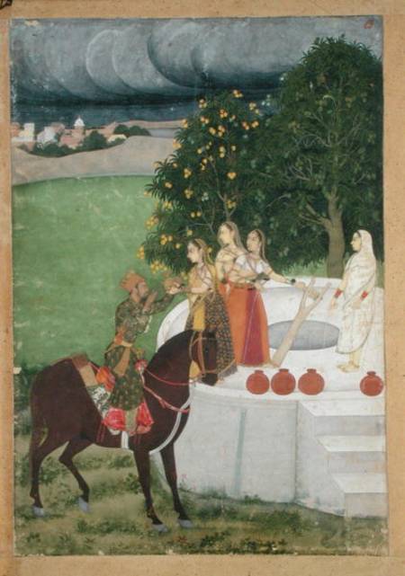 A mounted Prince receiving water from ladies at a well, miniature from Murshidabad od Indian School